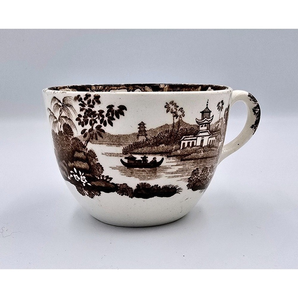 Antique Brown Transferware Tea Cup Chinoiserie Pagoda Landscape Scene White